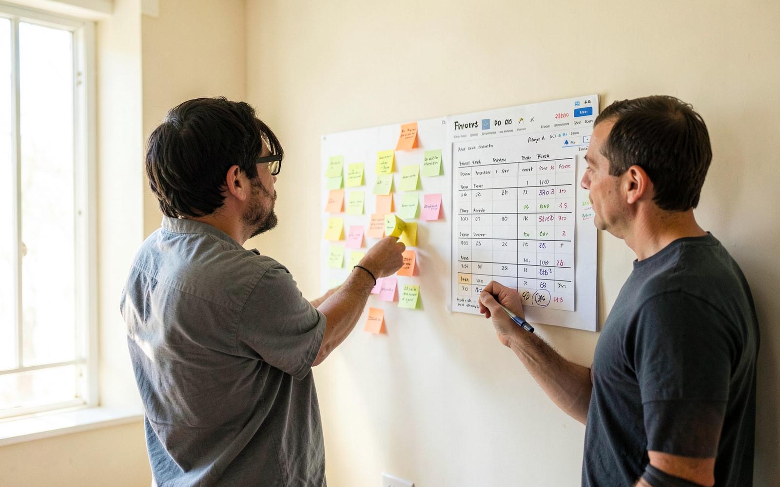 Two colleagues reviewing a planning board of notes and a delivery timeline in a bright room