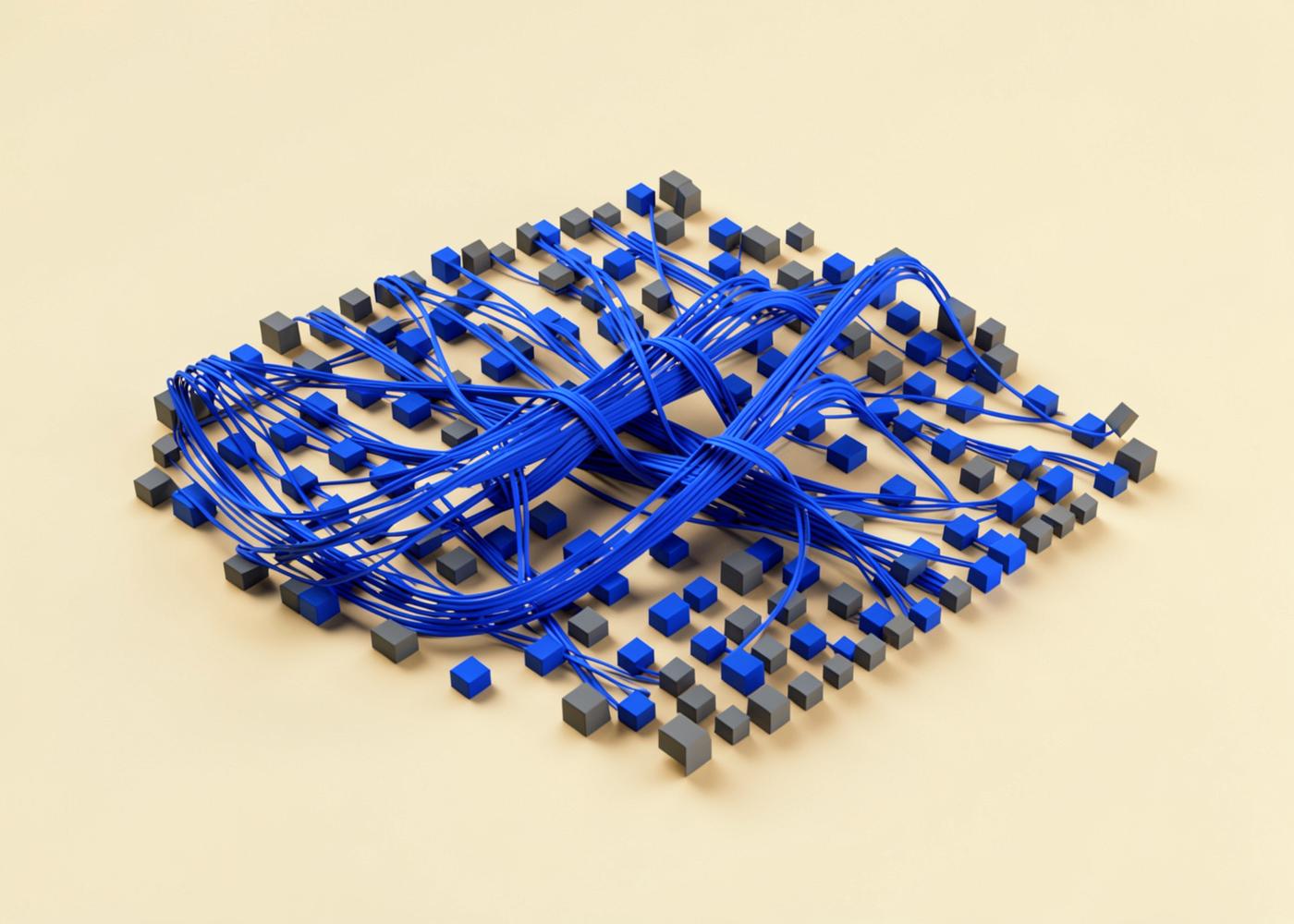 Abstract render of blue cables converging over a grid of small cubes, representing data integration between systems