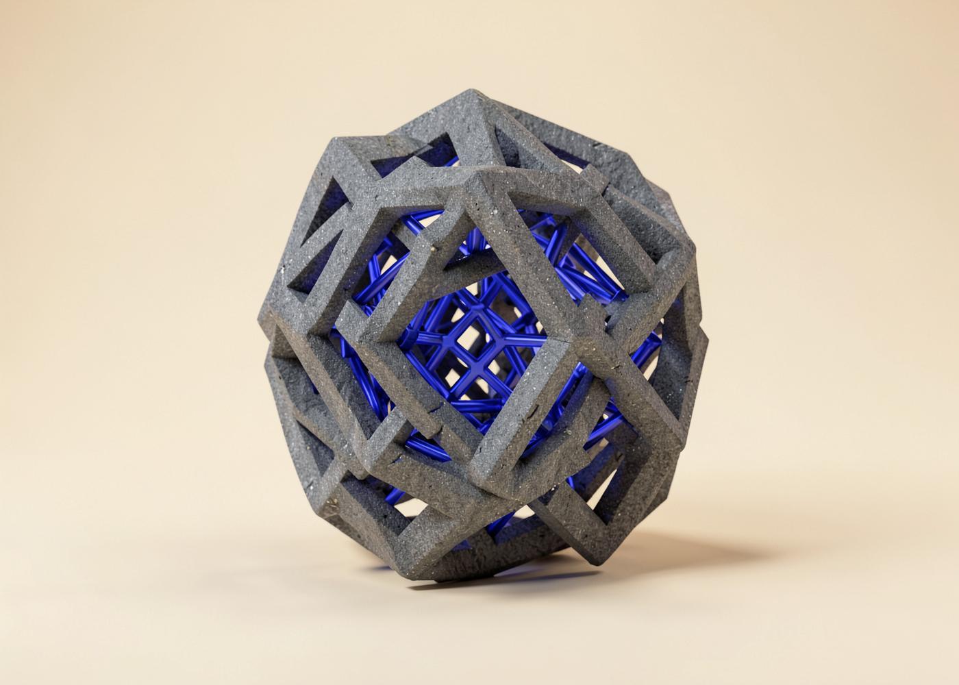 Abstract sculpture of an interlocking grey shell around a blue lattice core, representing layered system protection