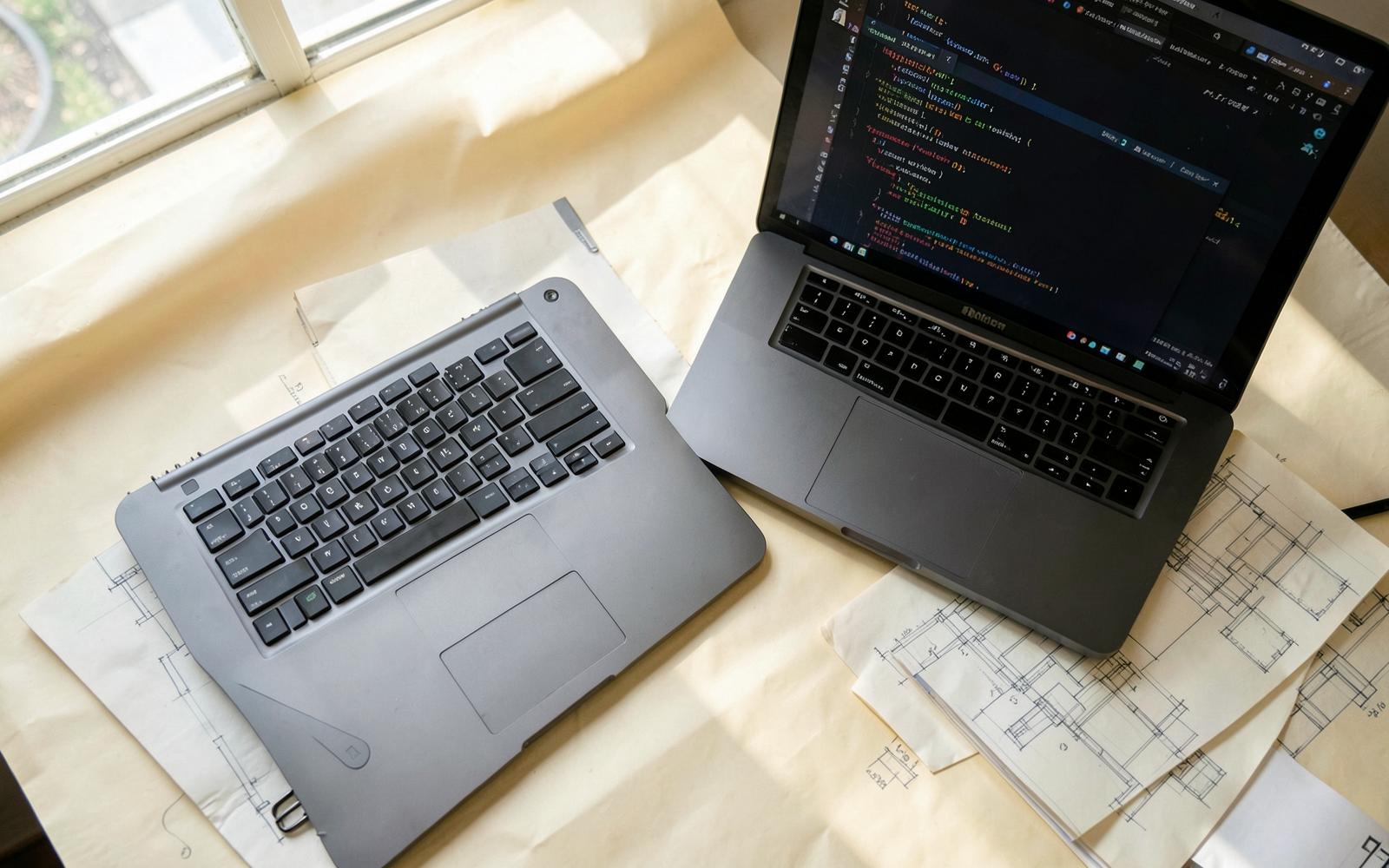 Developer workspace with a laptop showing source code beside architecture sketches on paper